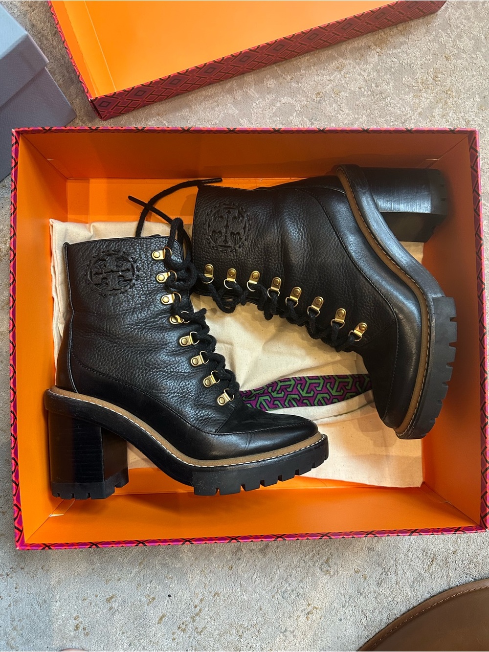 Tory Burch Miller Black Leather Lug Heel Ankle Boots size 6